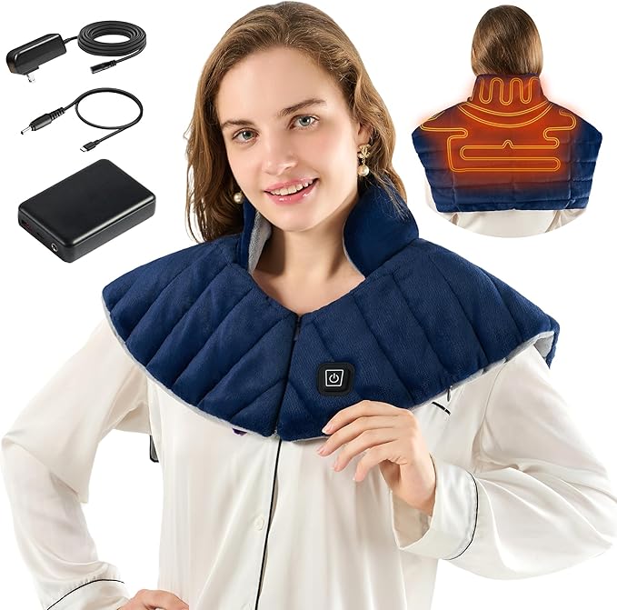 Portable Cordless Heating Pad for Neck Shoulders &amp Back - Rechargeable Battery Operated Heating Pad with 3 Heat Settings Birthday Gift for Women Weighted Neck Warmer for Pain Relief (Navy Blue)
