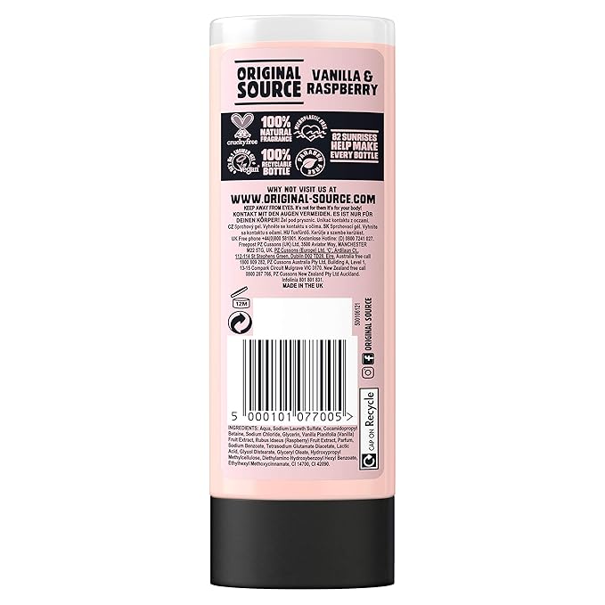 Original Source Vanilla &amp Raspberry Shower Gel 100 Percent Natural Fragrance Vegan Cruelty Free Paraben Free Bulk Buy Pack of 6 x 250 ml