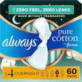 Always Pure Cotton Feminine Pads for Women FlexFoam Pads with Wings Size 4 Overnight Absorbency Unscented 60 Count (3 Packs of 20)