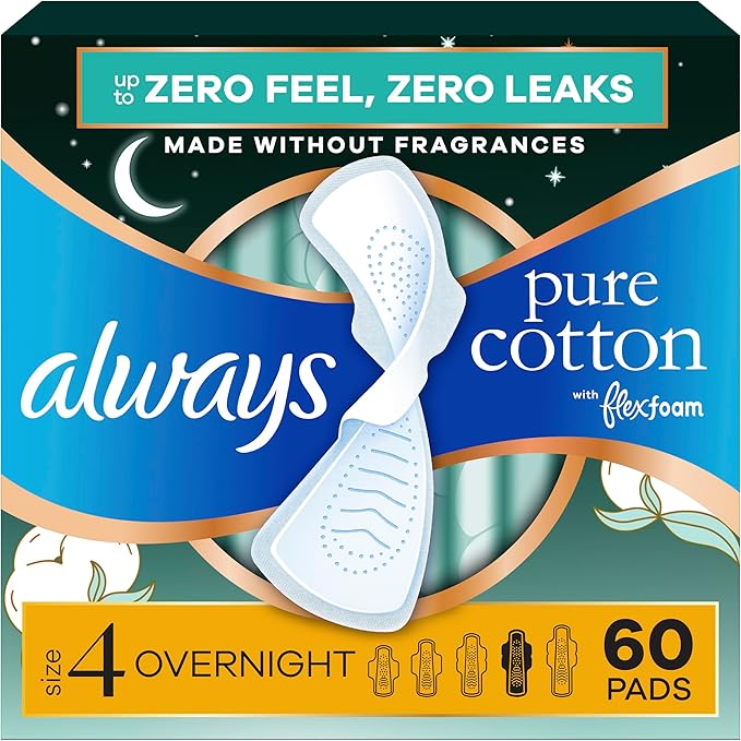 Always Pure Cotton Feminine Pads for Women FlexFoam Pads with Wings Size 4 Overnight Absorbency Unscented 60 Count (3 Packs of 20)