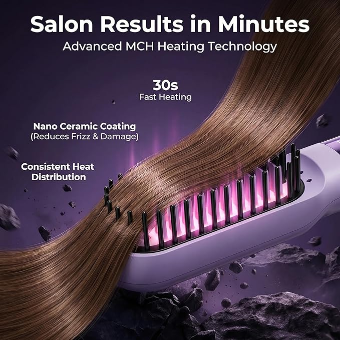 Cordless Hair Straightening Brush Portable USB Rechargeable Travel Straightener Comb with 30s Fast Heat LCD Display Dual Power Sources