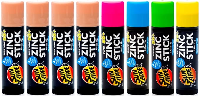 Sun Zapper Zinc Stick Mineral Sunscreen (Light Skin Tone Pink Blue Green Yellow) SPF 50+ Water Resistant for Face &amp Body Adults Kids 8-Pack Broad Spectrum Sun Block Made in Australia