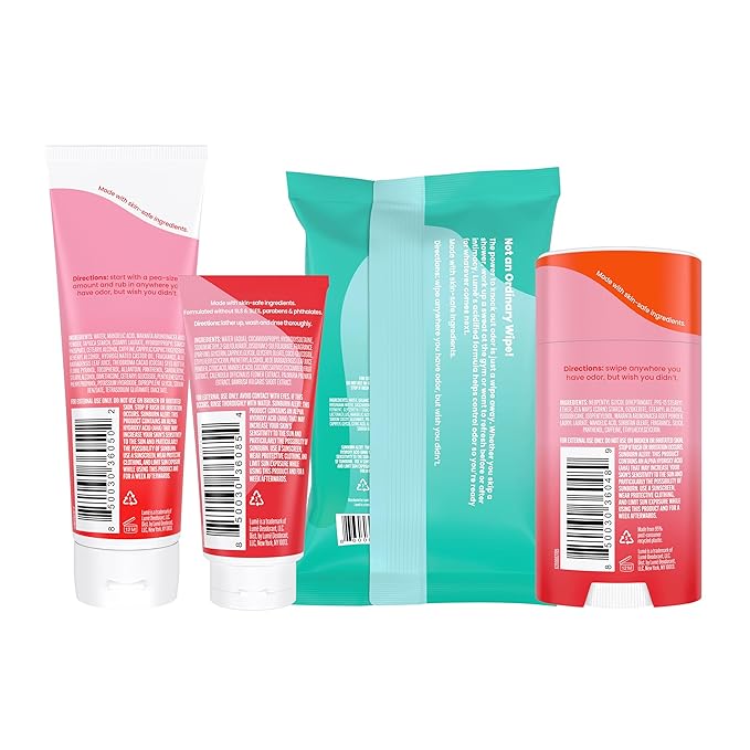 Lume Skin Care Gift Set for Women Whole Body Deodorant Starter Pack - Smooth Solid Stick Invisible Cream Tube Acidified Body Wash Mini &amp Deodorant Wipes - Aluminum Free Odor Control (Peony Rose