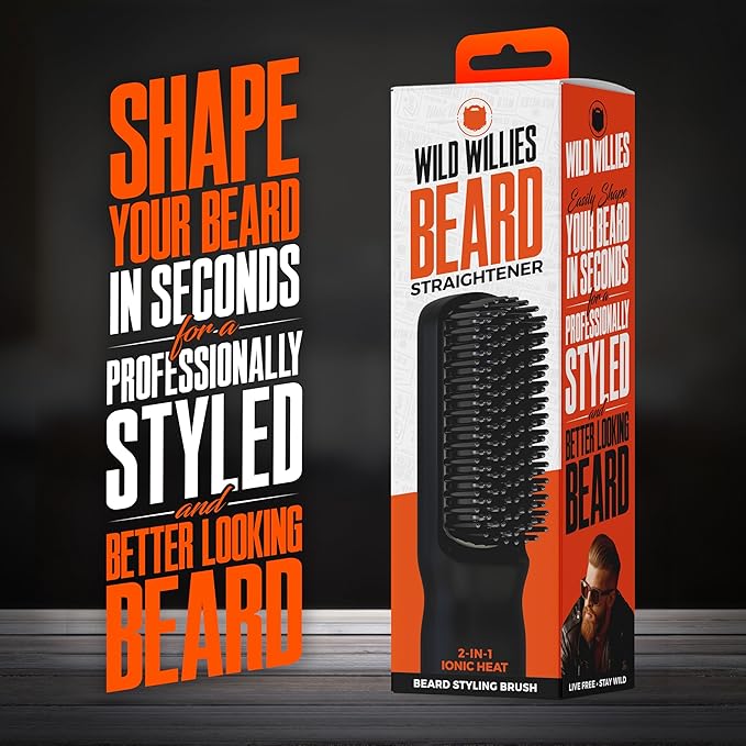Wild Willies Beard Straightener for Men - 3 Temperature Settings Tourmaline Ceramic Heated Beard Brush &amp Hot Comb - Portable Ionic Technology Coarse &amp Curly Hair 400F - Grooming Tool