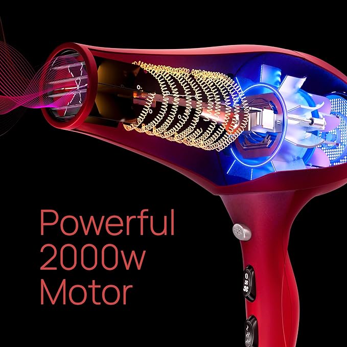 TREZORO Professional Hair Dryer Ionic Ceramic Tourmaline Technology 2000W Fast Quiet Drying with Narrow &amp Wide Concentrator Nozzles 3 Heat &amp 2 Speed Settings Cool Shot Button Red