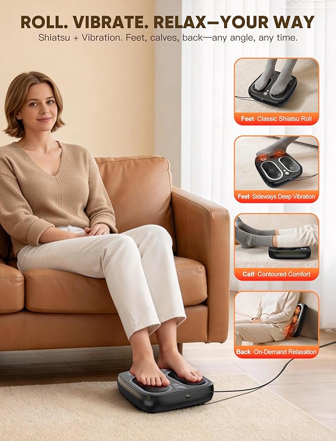 Shiatsu Foot Massager with Heat &amp Vibration: Deep Kneading Foot Massager for Plantar Fasciitis Neuropathy and Improved Circulation - Electric Foot Massager for Home and Office Use