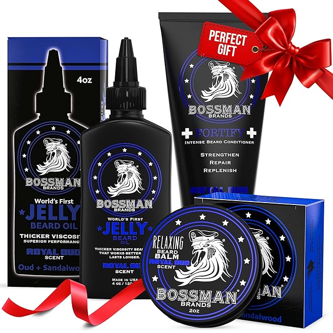 Bossman Essentials Beard Kit for Men Set of 3 - Beard Oil Jelly Fortifying Conditioner Cream Beard Balm - Grooming Growth Care Accessories - Gift Set for Men (Royal Oud)