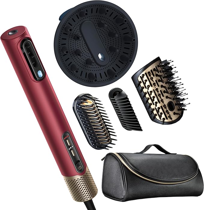 Infiniti PRO CONAIR 5-in-1 Hair Drying Wand Straightener and Styler Ionic All-in-One Digital Motor Blow Dryer Includes 4 High-Performance Attachments Cherry Red