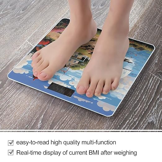 Coastal Lighthouse Bathroom Scale Automatic Power On/Off Body Scales LCD Backlight Display Square Digital Scale Rounded Corners Bathroom Scales for Home Bedrooms