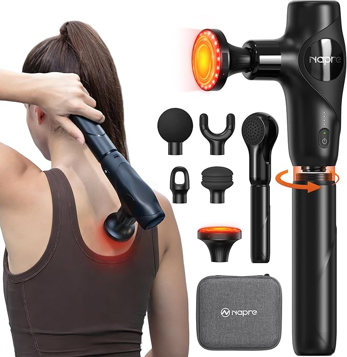 NAPRE 3-in-1 Detachable Massage Gun with HeatMini Massage Gun Deep Tissue with Extension HandlePortable Handheld Percussion Muscle Massager for Back/Neck/BodySmall &amp Quiet5 Heads
