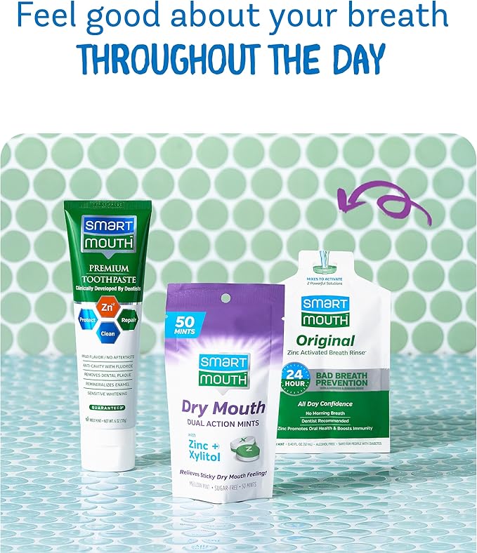 SmartMouth Original Fresh Breath Oral Care Bundle - Mouthwash Single Packs Fluoride Anti‑Cavity Zinc Toothpaste &amp Dry Mouth Dual‑Action Mints - Sugar Gluten &amp Alcohol-Free - 10 Packs 6 oz