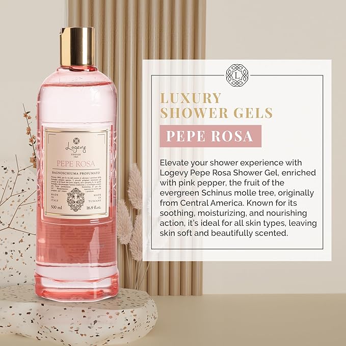 Logevy Pepe Rosa Shower Gel – Indulgent Pink Pepper Aroma Made from the Best Skin-Friendly Ingredients Rich in Nutritional Properties for Rejuvenating Hydrating and Soothing Action – 500ml