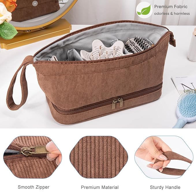 Hair Tools Travel Case - Double-Layer Organizer for Hair Dryer Curling Iron &amp Attachments - Brown Corduroy with Zipper Closure &amp Top Handle