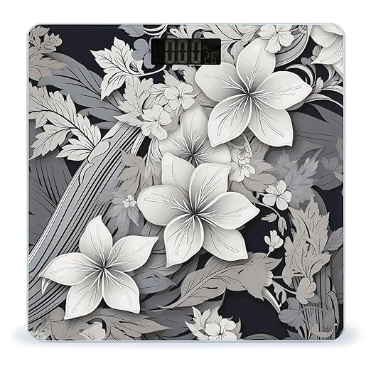 Intricate Black and White Tropical Flowers Pattern Smart Scale for Body Weight Accurate Bathroom Scale with LED Display Digital Weight Scales Weighing Machine High Precision Scales for Bath Home