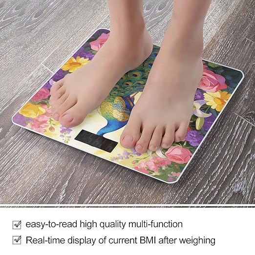 Colorful Peacock with Floral Background Weight ScaleClear LED Display Bathroom Digital Weighing ScaleTempered Glass Digital Bathroom Scale for Body Weight Capacity Up to 400 Lbs