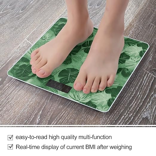 Green Tropical Leaves Scale for Body Weight Highly Accurate Digital Bathroom Scale Sturdy Tempered Glass Weighing Scales with LCD Display Fashion Body Fat Smart Scales 400lb