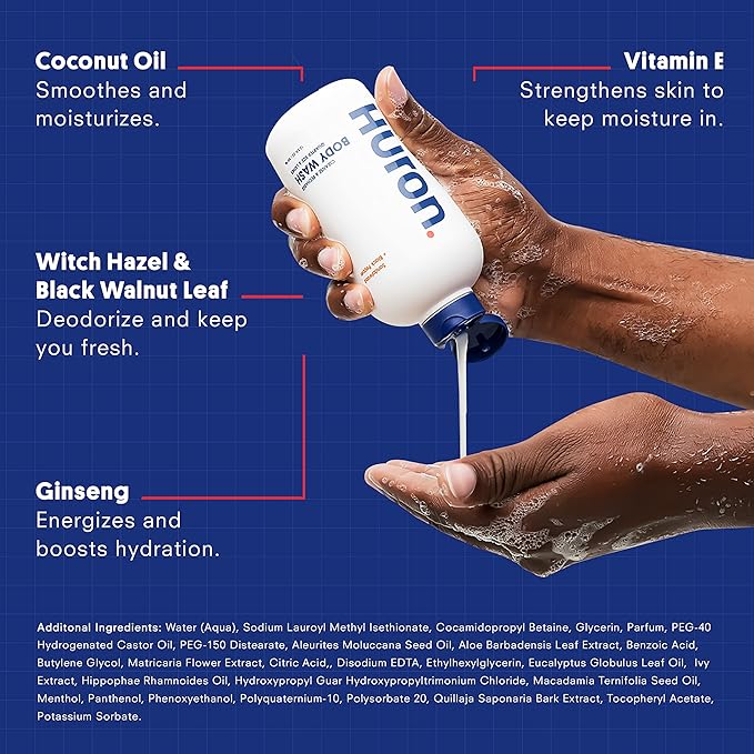 Huron Men’s Moisturizing Body Wash – Crisp &amp Invigorating Scent of Citrus Eucalyptus Mint &amp Aromatic Greens - Made With Coconut Oil Vitamin E &amp Witch Hazel – Vegan Cruelty-Free - 12.2