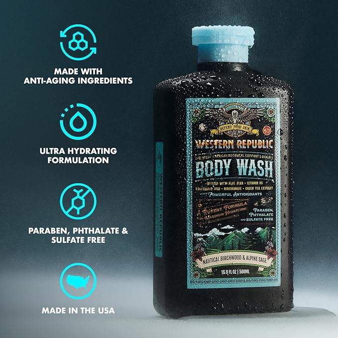 Men's Body Wash | Nautical Birchwood &amp Alpine Sage Scent and | Hydrating &amp Anti-Aging Formula with Aloe Niacinamide &amp Hyaluronic Acid (2 Pack) | Made in USA