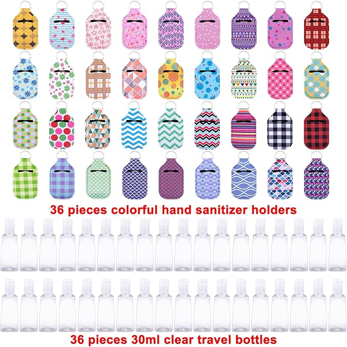 Duufin 72 Pieces Hand Sanitizer Holders Empty Travel Bottles Set Including 36 Pieces Clear Refillable Bottles and 36 Pieces Hand Sanitizer Keychain Holder for Backpack and Purse (Assorted Patterns)