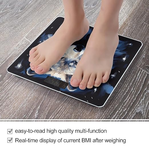 Wolf Head on Blue Background Bathroom Scale Rounded Smart Scale for Body Weight Automatic Power On/Off Weight Scales Accurate Bathroom Digital Scales for Pet Home Bedroom Kitchen
