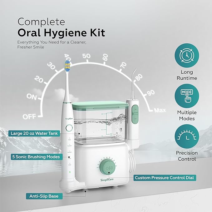 Water Flosser Oral Irrigator &amp Electric Toothbrush Combo – 20 oz Dental Cleaner 10 Adjustable Pressure Levels for Teeth/Braces 6 Jet Tips 2 Brush Heads Quiet BPA-Free