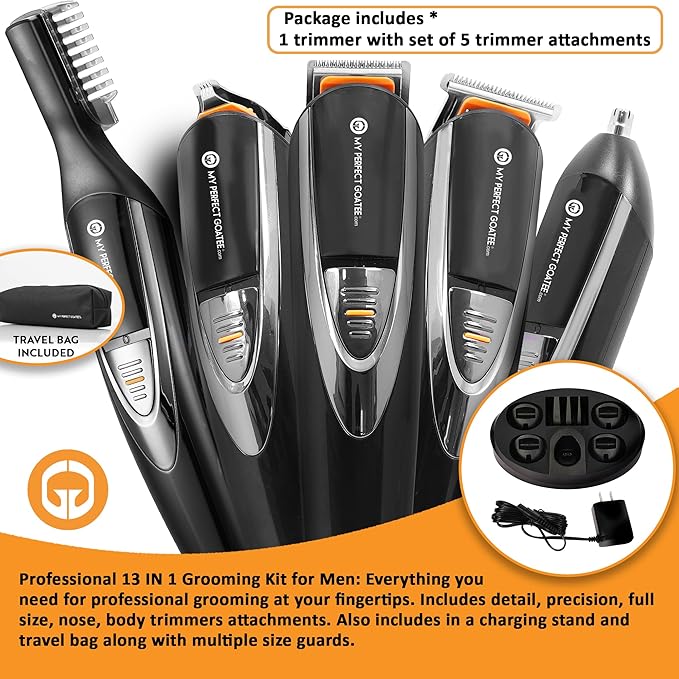 My Perfect Goatee®️ 13-in-1 Mens Grooming Kit - LED Display Beard Trimming Kit with Travel Bag Charging Stand &amp More - Waterproof Cordless Electric Trimmer for Nose Body &amp More – Ideal Gi