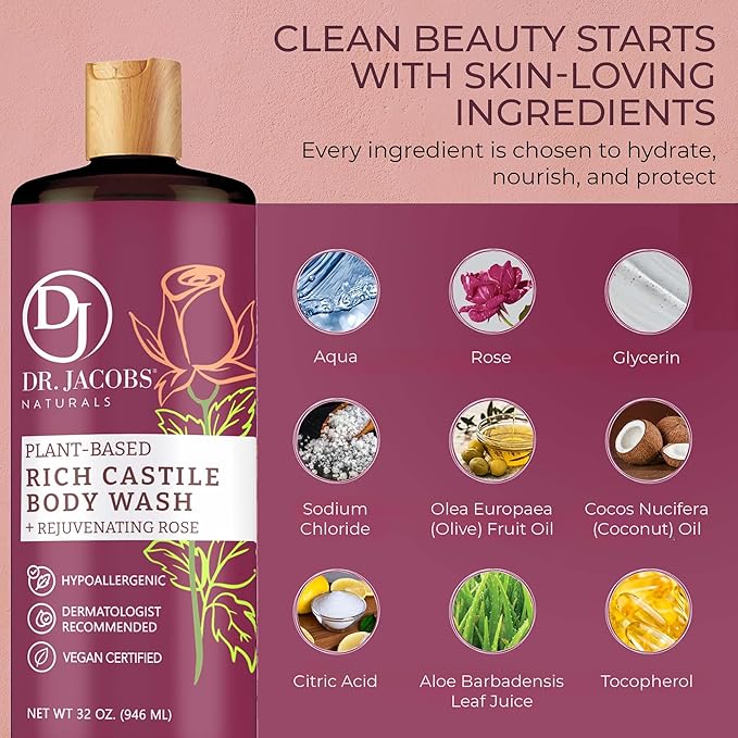 Dr. Jacobs Naturals Castile Rose All-Natural Body Wash for Moisturizing Dry and Sensitive Skin Shampoo with Plant-Based Ingredients Gluten Preservatives-Free Formula with Pump - 32 Ounce