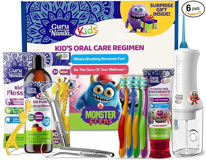 GuruNanda Kids Oral Care Regimen Kit with Toothpaste Butter On Gums Toothbrush Oil Pulling Mouthwash Giraffe Floss Picks Water Flosser &amp Tongue Scrapers