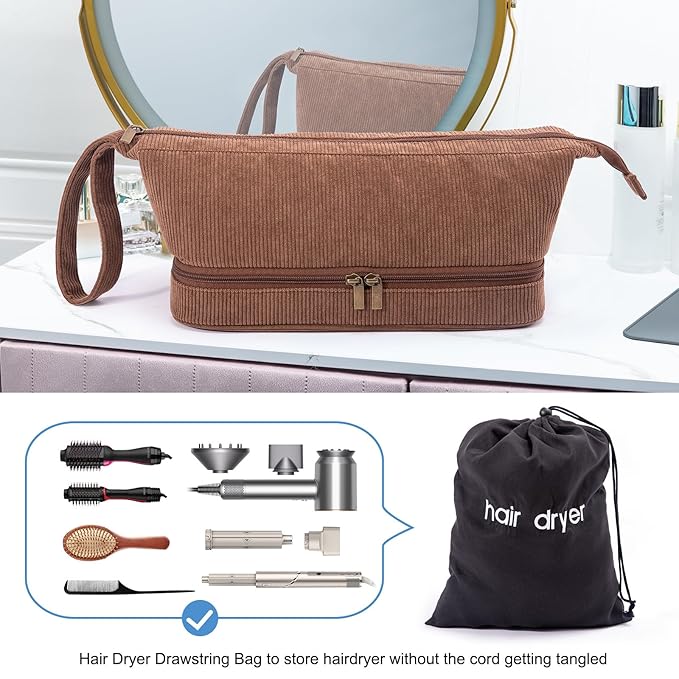 Hair Tools Travel Case - Double-Layer Organizer for Hair Dryer Curling Iron &amp Attachments - Brown Corduroy with Zipper Closure &amp Top Handle