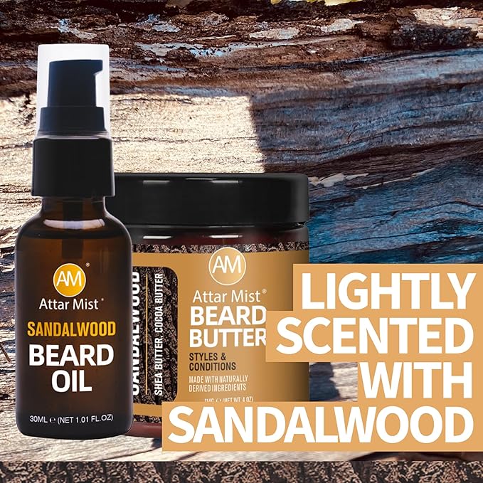 AM Beard Butter &amp Beard Oil for Men Beard Kit – Sandalwood Beard Care Kit for Men – Beard Softener Moisturizer &amp Itch Relief – Mustache Oil – Shea Cocoa Butter Argan Oil Vitamin E – 4 oz