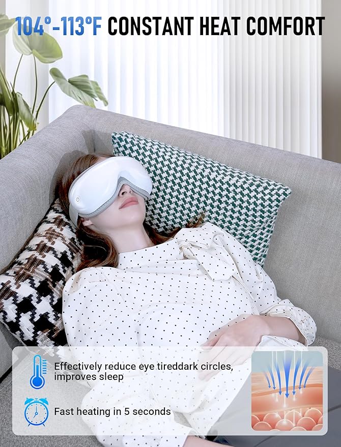 Eye Massager with Bluetooth Music Heating &amp Vibration-Wireless Massage Mask for Relieving Dry Eyes Eye Strain &amp Headaches Promote Sleep 180° Foldable Travel Office Users