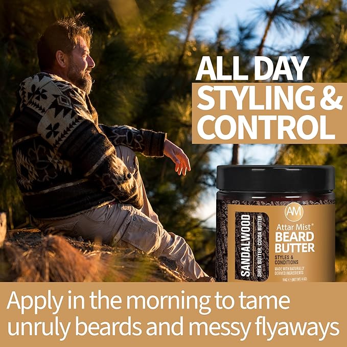 AM Beard Butter &amp Beard Oil for Men Beard Kit – Sandalwood Beard Care Kit for Men – Beard Softener Moisturizer &amp Itch Relief – Mustache Oil – Shea Cocoa Butter Argan Oil Vitamin E – 4 oz