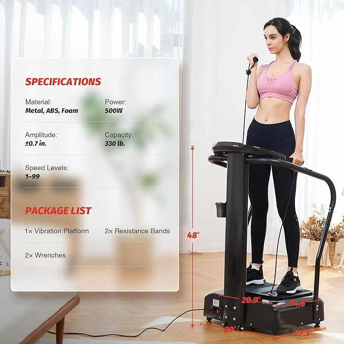 ZELUS Vibration Plate Exercise Machine with Handles Vibration Plate for Lymphatic Drainage with 2 Resistance Bands (3 Preset Modes 99 Levels)