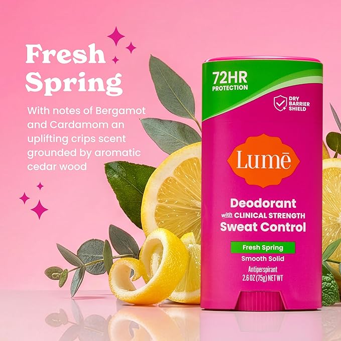 Lume Deodorant Plus Sweat Control - Smooth Solid Stick - Maximum Strength Antiperspirant - 72 Hour Odor And Sweat Control - Baking Soda Free Skin Loving - 2.6 ounce (Fresh Spring) Pack of 2