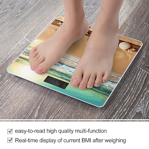 Ocean Beach ThemeScale for Body Weight with LCD High Precision Weighing Scales Fashion Sturdy Tempered Glass Weight Scales Easy-to-Read Digital Bathroom Scale for Daily 400lb