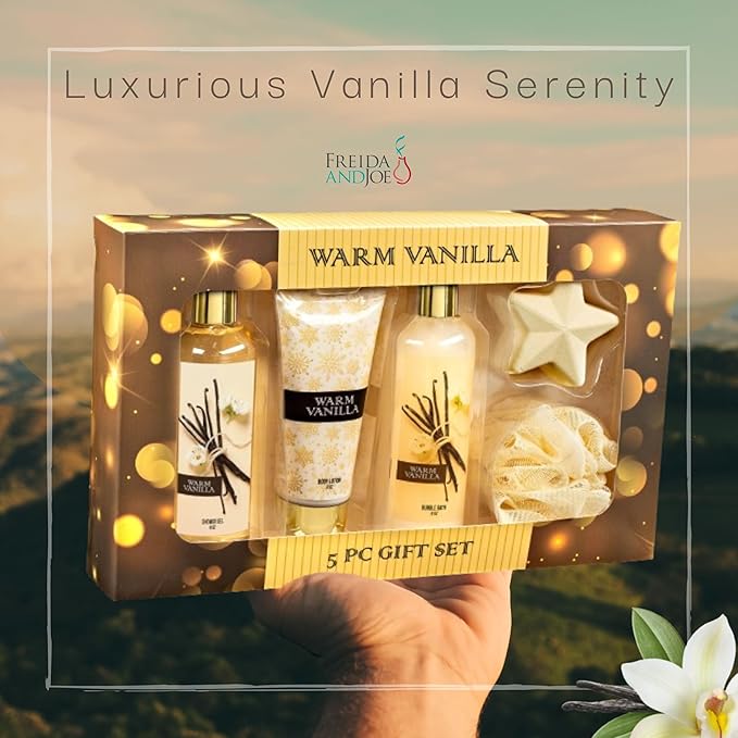 Fragrance Bath &amp Body Collection Gift Box Includes Shower Gel Body Lotion Body Scrub Bath Bomb &amp Sponge (Warm Vanilla 2.0) – Mother's Day Gift for Mom