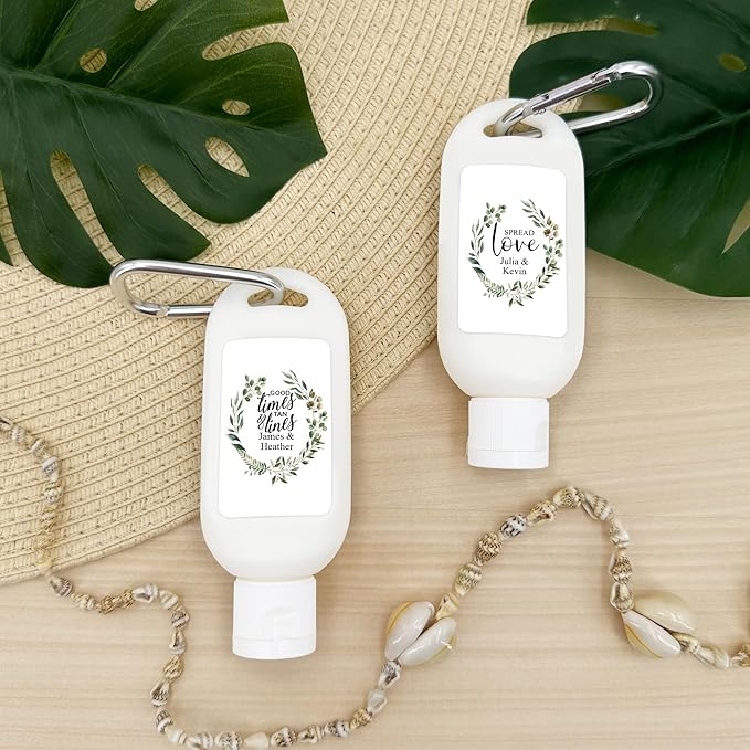 Personalized Sunscreen with Carabiner SPF 30 Custom Sunscreen for Wedding Favors Garden Wedding Botanical Wedding Bridal Shower Favors Bachelorette Gift (Set of 12)