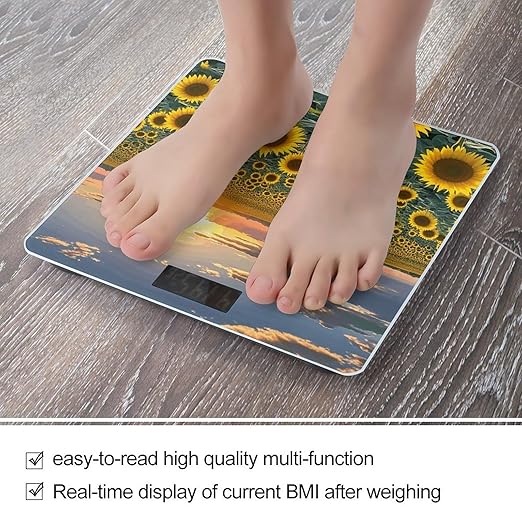 Dreamlike Sunset of A Sunflower Field Bathroom Scale for Body Weight LCD Display Digital Bathroom Scale Tempered Glass Bathroom Weight Scales Fashion Smart Scales for Home Bedroom 400 Lb