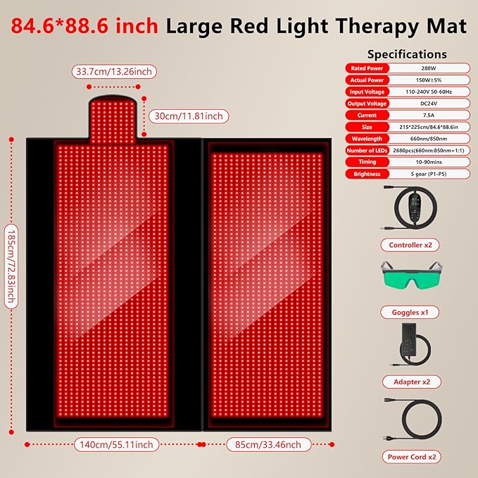 Red Light Therapy Mat for Full Body 84.6 x 88.6 Extra Large Size Near Infrared Mat with 2680 LEDs Beads 660nm &amp 850nm Dual Wavelengths Red Near Infrared Light Blanket Pad with 3 Modes and Time