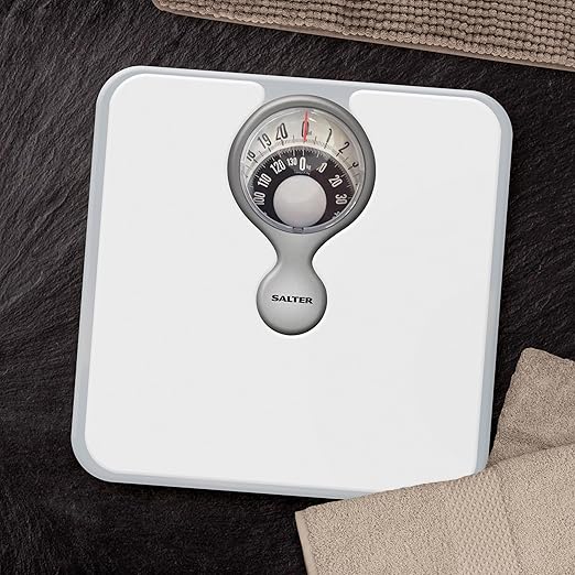 Salter 484 WHDR Mechanical Bathroom Scale – Premium Body Weight Scale Personal Analogue Scale Large Magnifying Lens 133 KG Max Capacity Monochrome Design No Batteries Required White