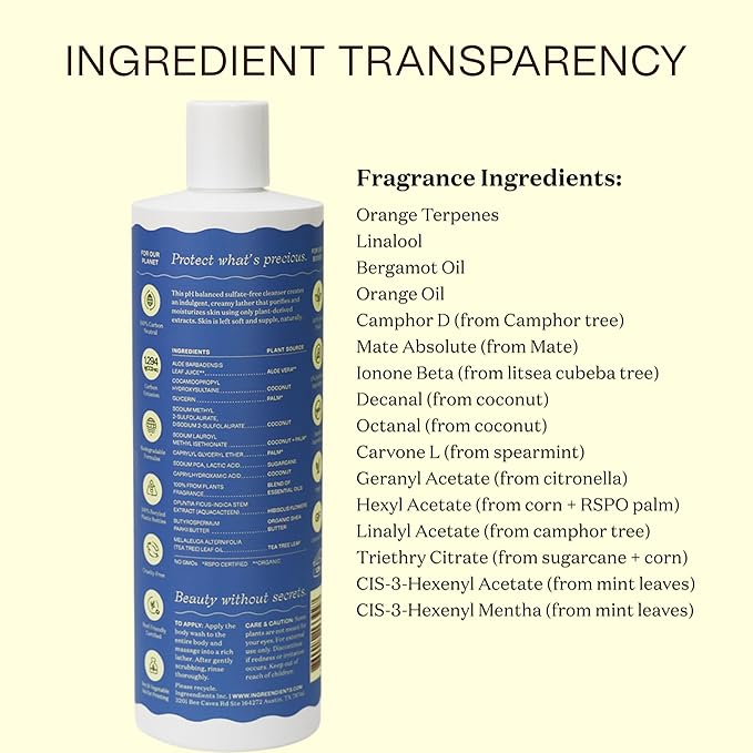 Ingreendients Natural Body Wash With Organic Ingredients - Moisturizing For Dry and Sensitive Skin Vegan Cruelty Free Sulfate Free Betaine Free (2 x 16 FL. Oz)
