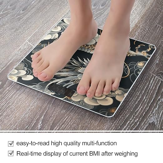 Black Oriental Dragon Bathroom Scale for Body Weight LCD Display Digital Bathroom Scale Tempered Glass Bathroom Weight Scales Fashion Smart Scales for Home Bedroom 400 Lb