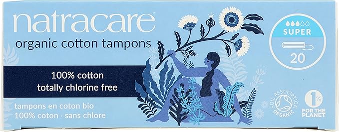 Natracare Non-Applicator 100% Organic Cotton Tampons Super Totally Chlorine Free Biodegradable and Compostable (12 Pack 240 Tampons Total)