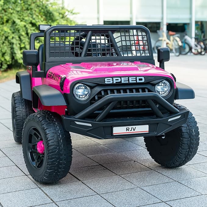 12V 7AH 4WD Kids Ride-On Truck Electric Off-Road Car with Remote &amp Pedal Control LED Lights Music USB Safety Belt 4-Wheel Suspension Adjustable Speeds Outdoor Gift for Boys Girls Magenta