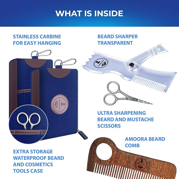 Beard Shaping Kit - Grooming Tools for Men - Adjustable Lineup Template Premium Wooden Comb Laser Sharpening Scissors All in Hygiene Travel Case