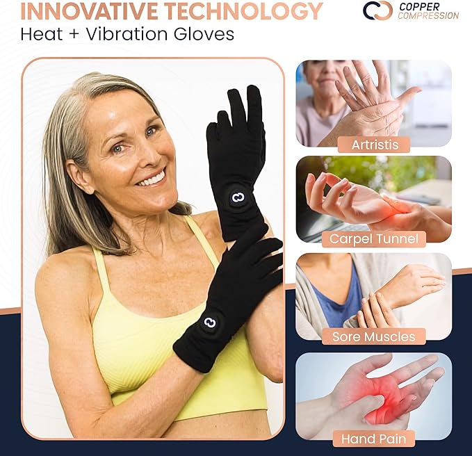 Copper Compression CopperVibe Vibration &amp Heat Gloves - Heated Hand Massage