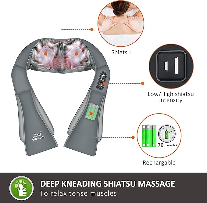 Snailax Cordless Neck Massager Shiatsu Back Shoulder Massager with Heat Portable Rechargeable Massagers for Neck and Back Pain Relief Electric Massager Pillow Gift for WomenMen(Grey)