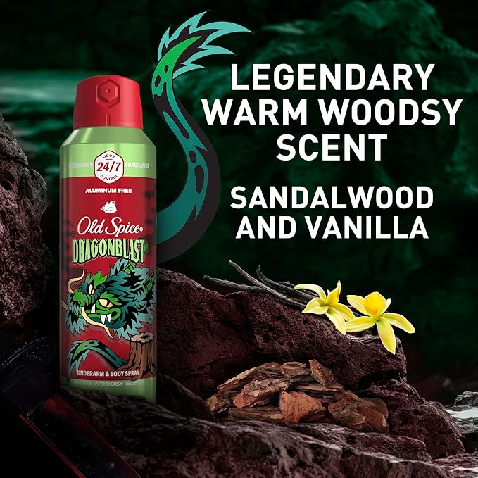 Old Spice Aluminum Free Body Spray for Men 24/7 Odor Protection 24/7 Lasting Fragnance &amp Freshness Cologne Quality Scent Dragonblast with Warm Woodsy Scent 5.1 oz (Pack of 3)