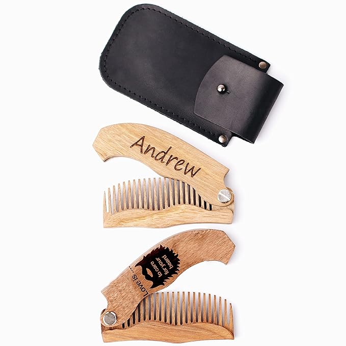 Wooden Beard Comb for Men - Personalized Folding Pocket Comb for Moustache Beard &amp Hair Walnut Combs Engraved (Love Is)