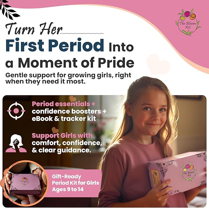 The Bloom First Period Kit for Girls 9-10-12-14 for School Menstrual Starter Kit Gifts for Teens Girls Includes Sanitary Napkin Storage Bag Pads Wipes Ebook Period Tracker Blue (30-PC)